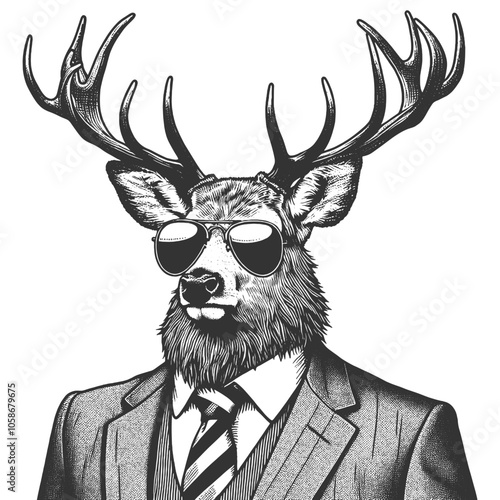 deer wearing a suit and sunglasses, combining wildlife imagery with a hipster, modern fashion twist sketch engraving generative ai vector illustration. Scratch board imitation. Black and white image. photo