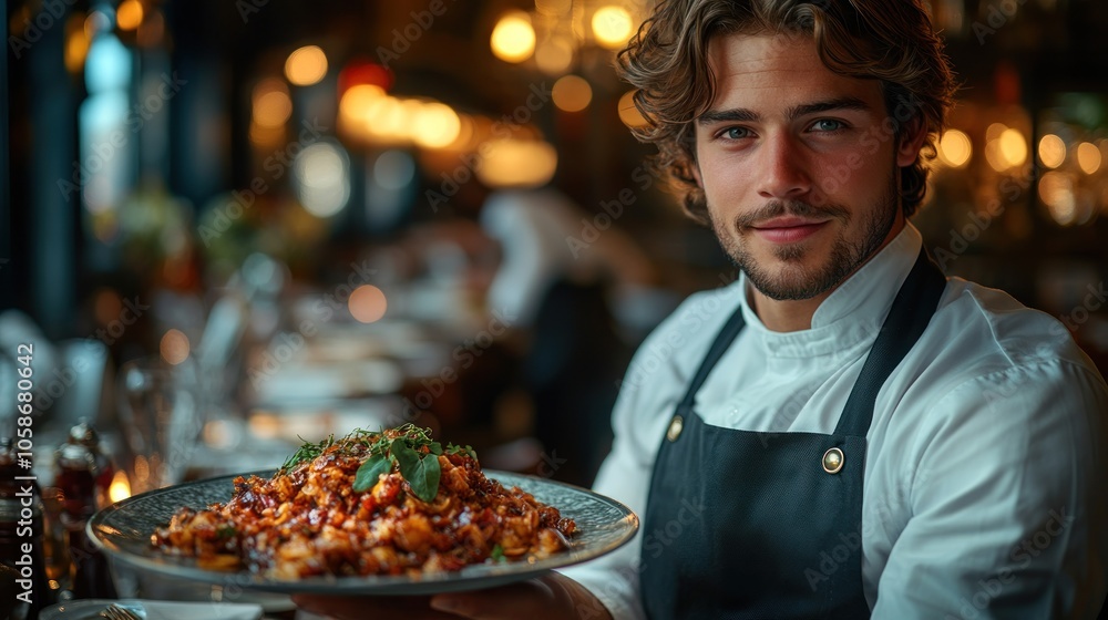 A young waiter with a friendly smile holds a plate of food in a restaurant. A young waiter with a friendly smile holds a plate of food in a restaurant.