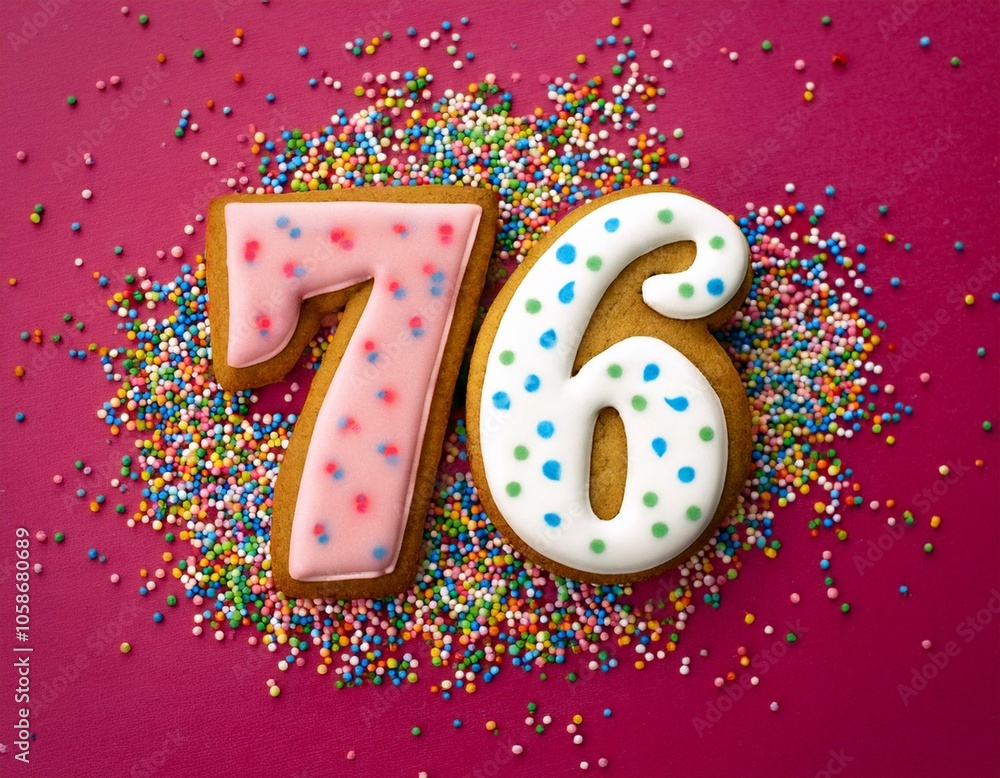 Decorated cookie, number 76, image for birthday or anniversary celebration Decorated cookie, number 76, image for birthday or anniversary celebration