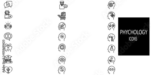 Phychology 21 icons collection. inluded Psychologist, psychotherapist services. Creative concept useful for logotype, insignia, brand identity design.Vector illustration.