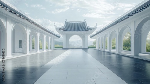 Traditional Chinese Architecture with Platform, Road, and Parking Area on Brick Surface for Automotive Advertisement Featuring Blank Background photo