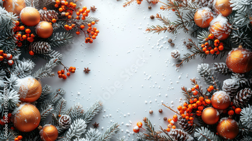 Obraz na płótnie Festive Winter Wonderland with Berry and Pine Accents Background, Card or Backdrop w salonie