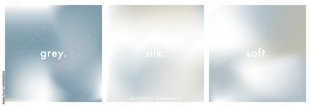 Pale gradient posters. Light grey, ecru and white colors. Set of 3 square elegant abstract sublte grey gradient background. Simple soft neutral background. Abstract vector texture for cover, post