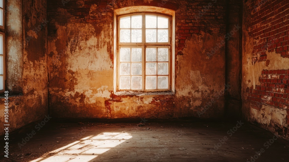 A single window in an abandoned brick room, with sunlight streaming through the window and illuminating the dusty floor. A single window in an abandoned brick room, with sunlight streaming through the window and illuminating the dusty floor.