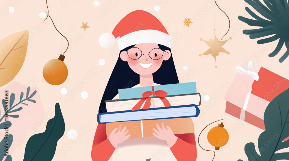 Festive Illustration of a Smiling Girl in Santa Hat Holding Gifts Amidst Holiday Decorations and Ornaments on a Light Background Festive Illustration of a Smiling Girl in Santa Hat Holding Gifts Amidst Holiday Decorations and Ornaments on a Light Background