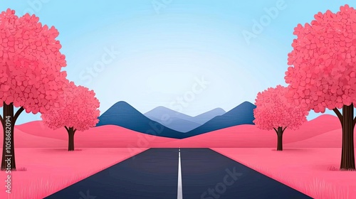 A vibrant landscape featuring pink trees lining a road, with mountains in the background under a clear blue sky, ideal for artistic projects.