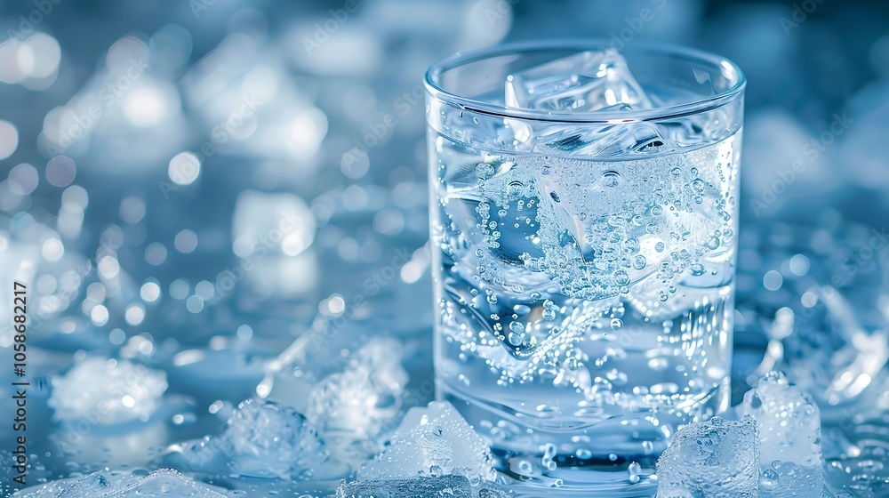 The glass of water and ice with a frosty background The glass of water and ice with a frosty background
