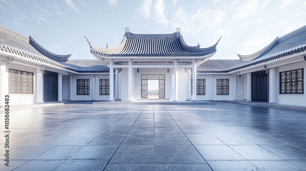 Obraz premium Traditional Chinese Architecture with Platform, Road, and Parking Area on Brick Surface for Automotive Advertisement Featuring Blank Background