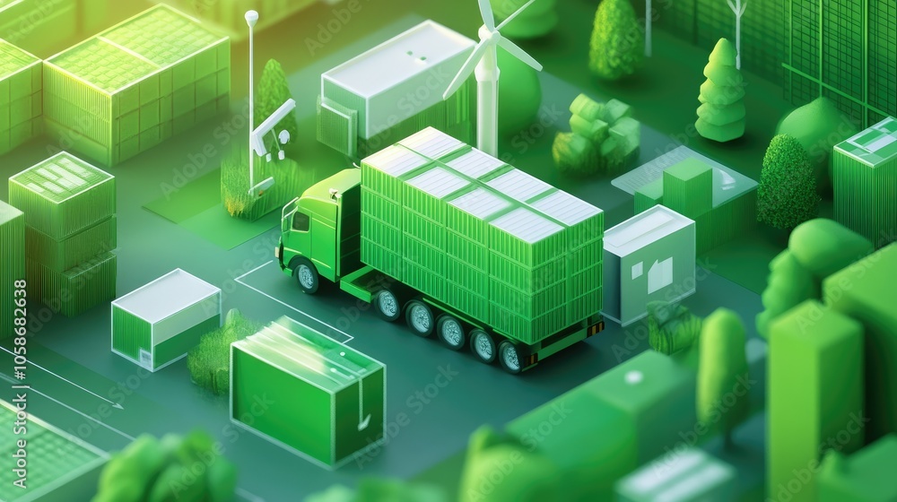 Fototapeta premium Illustration of green supply chain management, featuring renewable energy sources and eco-friendly packaging.
