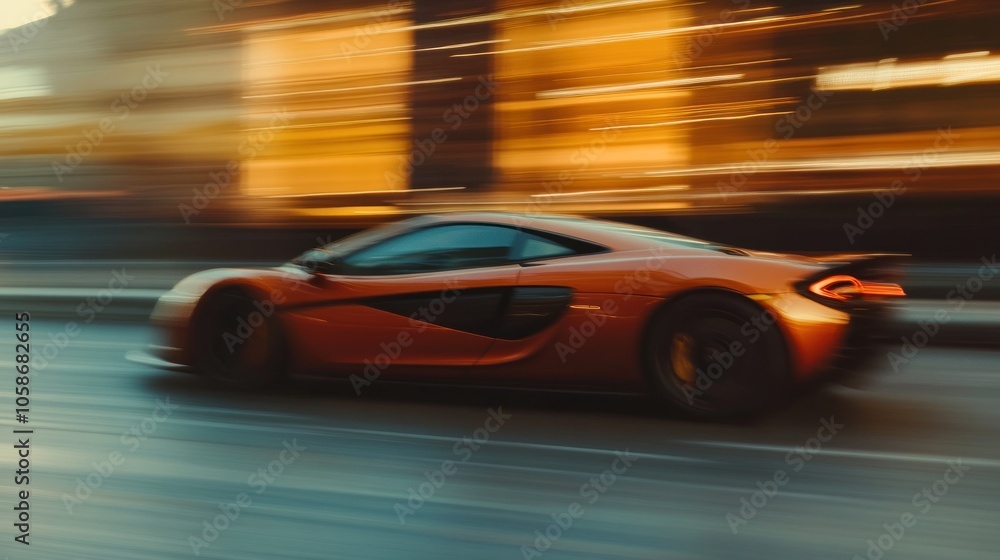 Fototapeta premium A red sports car speeds through the city, blurred by motion as it travels down the street.