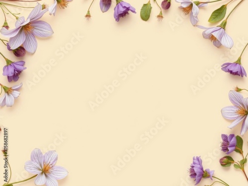 Dried clematis flowers scattered on beige background with copy space for mockup card featuring blank floral design for greetings card, beige, floral, greetings