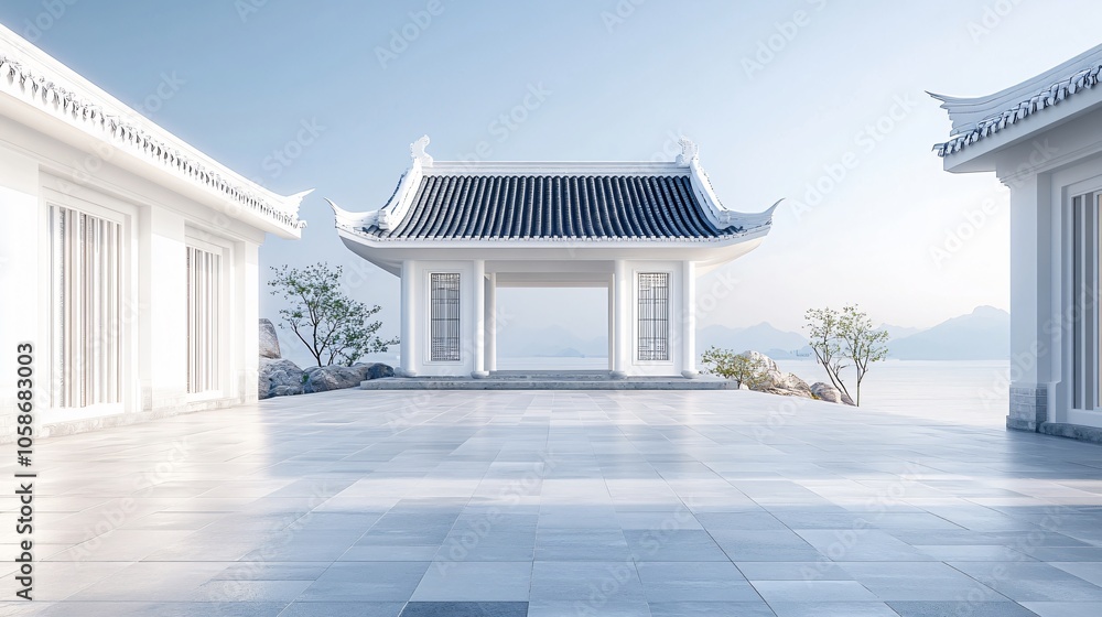 Fototapeta premium Traditional Chinese Architecture with Platform, Road, and Parking Area on Brick Surface for Automotive Advertisement Featuring Blank Background