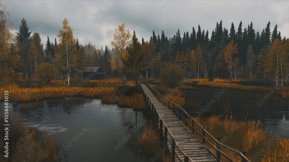 Wooden path across the river near the autumn forest
Wooden path across the river near the autumn forest