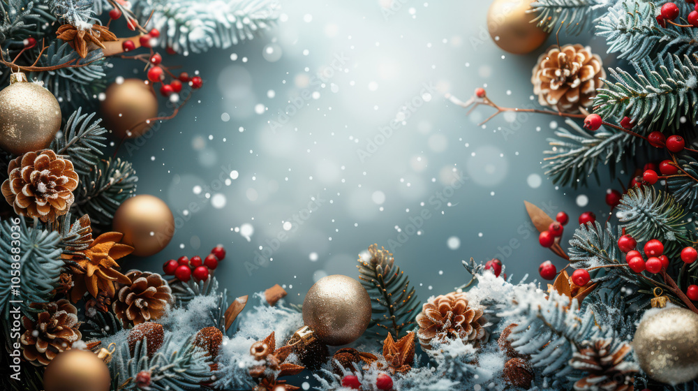 Festive Winter Wonderland with Berry and Pine Accents Background, Card or Backdrop