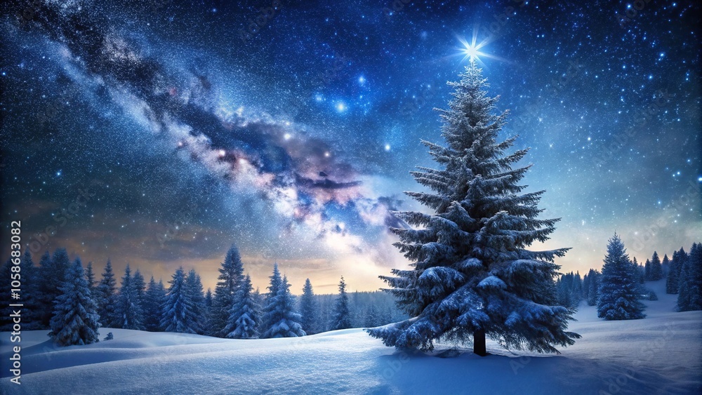 Snow covered spruce tree in winter forest under starry night sky silhouette Snow covered spruce tree in winter forest under starry night sky silhouette