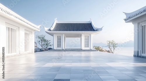 Traditional Chinese Architecture with Platform, Road, and Parking Area on Brick Surface for Automotive Advertisement Featuring Blank Background photo