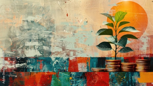 Artistic Collage Merging Coins, a Small Plant, and Vibrant Abstract Shapes, Illustrating the Concepts of Investment, Growth, and Financial Security for a Prosperous Retirement Journey in a Dynamic Vis