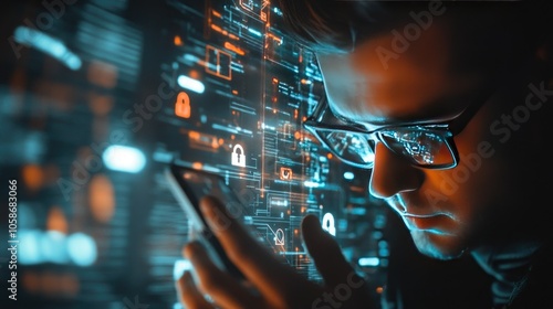 Phone user in a network security visual, padlock symbol and data protection overlays on the screen.