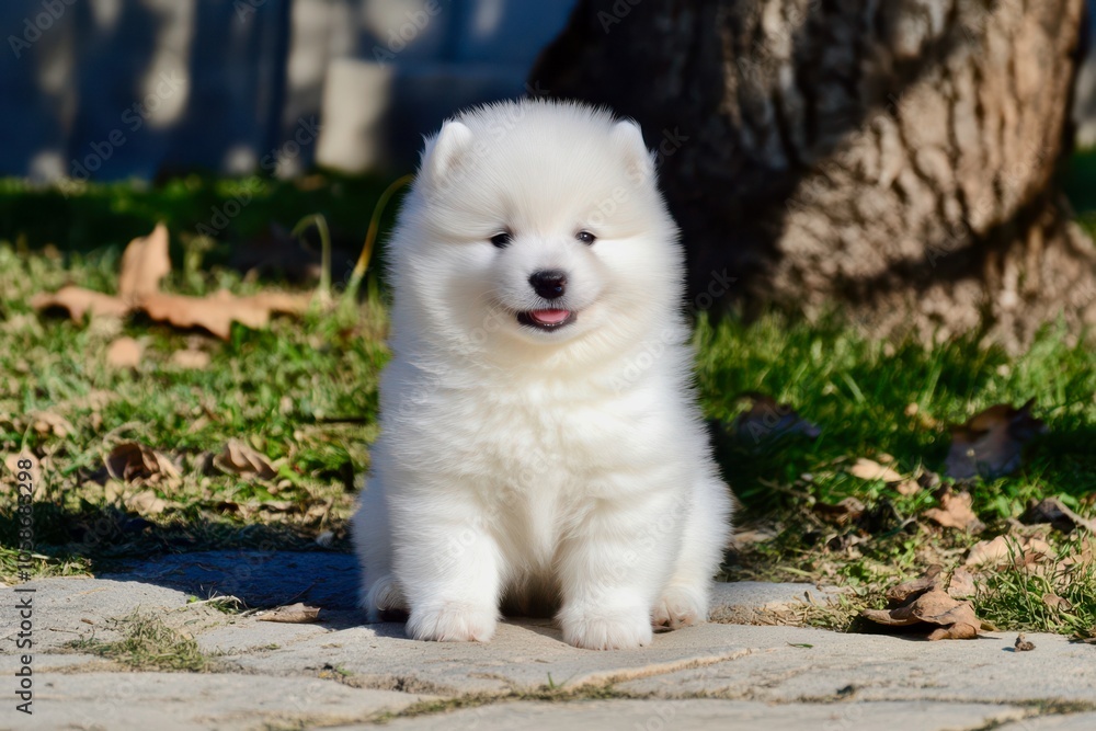 Samoyed puppy, small with fluffy white coat, sitting with a happy expression, playful and gentle Samoyed puppy, small with fluffy white coat, sitting with a happy expression, playful and gentle