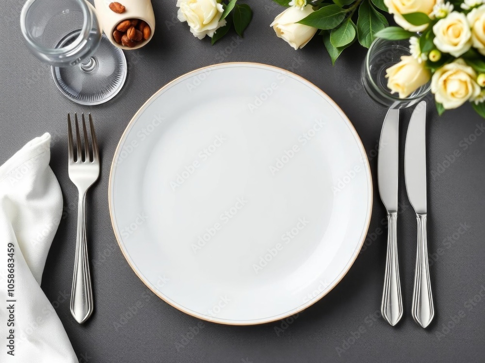 Elegant table setting with white plates, silver cutlery, and crystal glasses on a grey background with space for text, top view, space for text, grey background Elegant table setting with white plates, silver cutlery, and crystal glasses on a grey background with space for text, top view, space for text, grey background