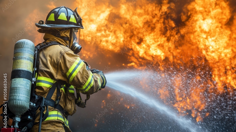 A firefighter in full gear fights a large fire with a hose. A firefighter in full gear fights a large fire with a hose.
