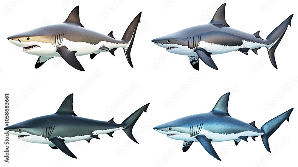 Set of Realistic Shark Illustrations Isolated on a Clear Background Generative AI Set of Realistic Shark Illustrations Isolated on a Clear Background Generative AI