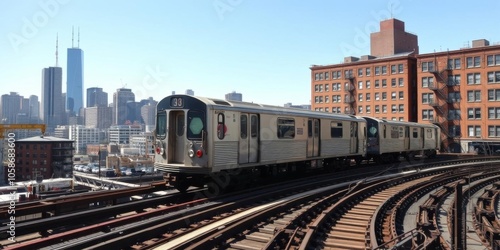 Elevated train tracks running alongside vintage brick apartment buildings in urban Chicago, public transit, vintage, city living photo