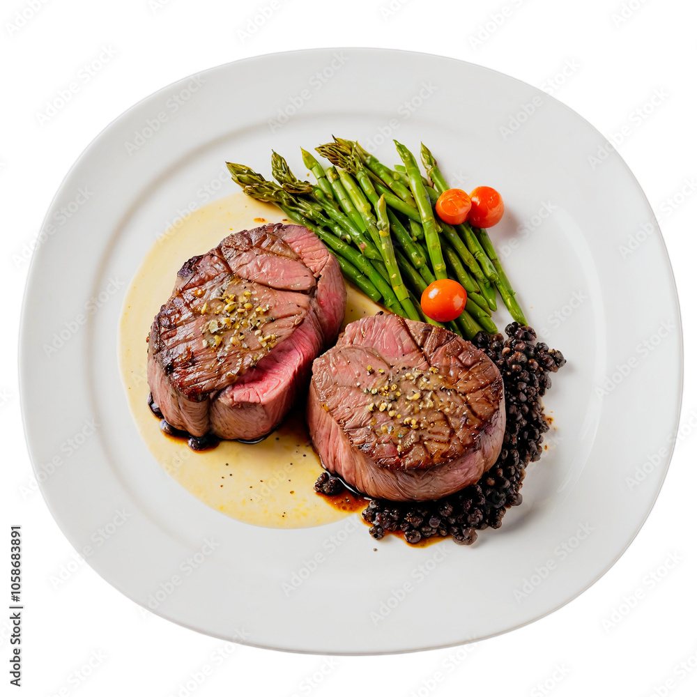 A white plate topped with meat and asparagus. A white plate topped with meat and asparagus.