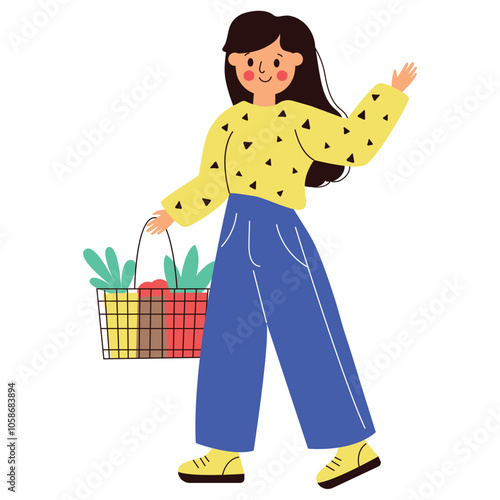 Woman with cart  on the shopping. Vector cartoon illustration