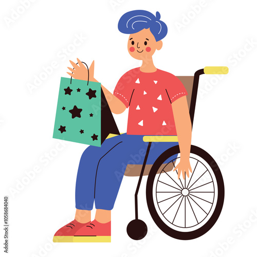 Man with shopper on the wheelchair on the shopping. Vector cartoon illustration photo