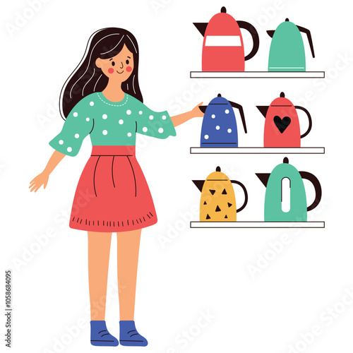 Woman with the teapot on the shopping. Vector cartoon illustration