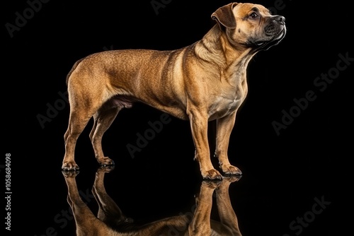 Staffordshire Bull Terrier adult dog, muscular with fawn coat, standing confidently, loyal and protective expression