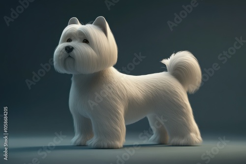 West Highland White Terrier adult dog, sleek with white coat, standing confidently, loyal and energetic expression