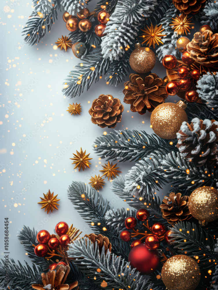 Festive Winter Wonderland with Berry and Pine Accents Background, Card or Backdrop