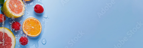 Fresh oranges and raspberries lying in water on blue background, banner, top view, lots of space for text