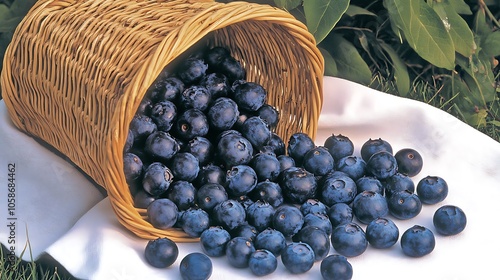 A composition of blueberries spilling out of a wicker basket onto a white cloth, emphasizing the brainboosting benefits and wholesome goodness of this farmtotable harvest. photo