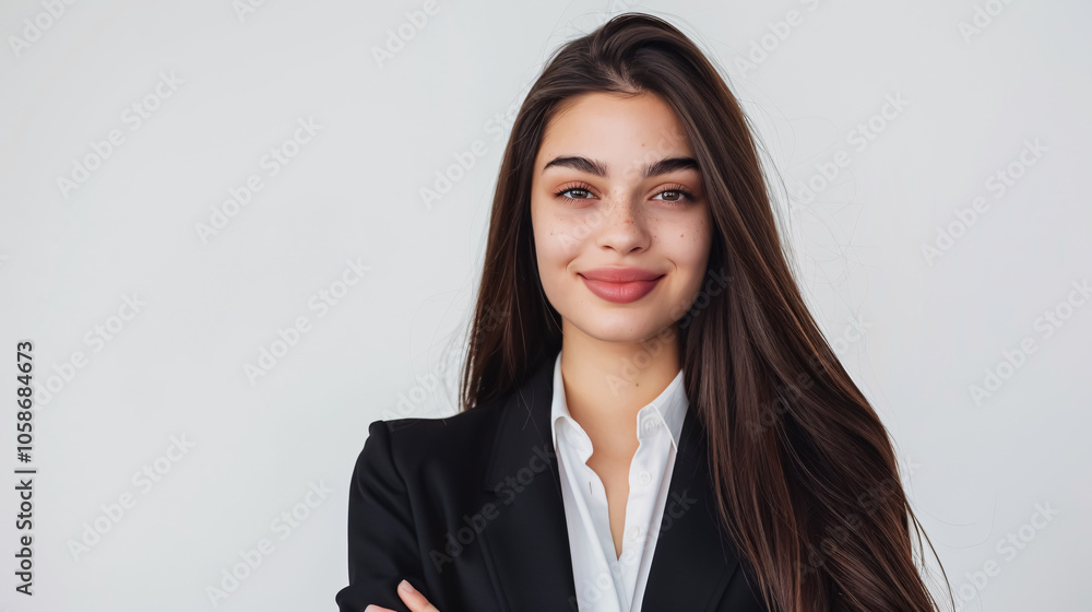 Beautiful young businesswoman smiling and looking at the camera against a white background. Beautiful young businesswoman smiling and looking at the camera against a white background.