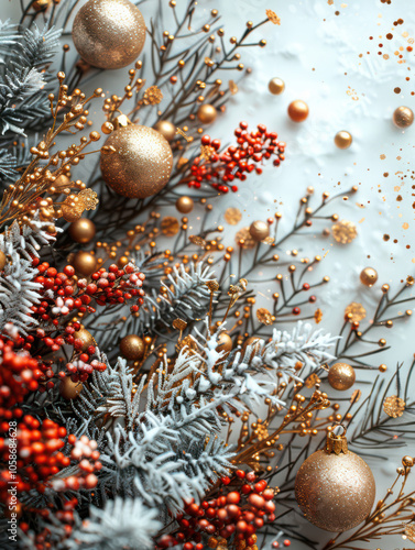 Festive Winter Wonderland with Berry and Pine Accents Background, Card or Backdrop