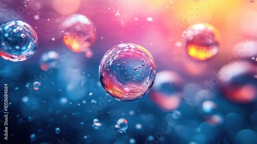 Abstract background with colorful water droplets floating against a blurred bokeh background.