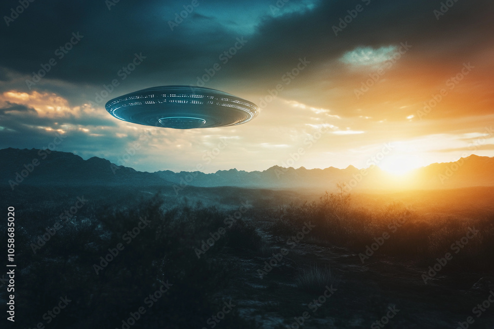 Mysterious UFO hovering over mountains at sunset Mysterious UFO hovering over mountains at sunset