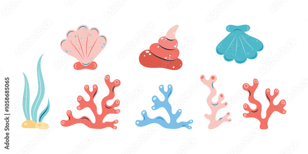 Set of shells and corals. Isolated vector illustration. Set of shells and corals. Isolated vector illustration.