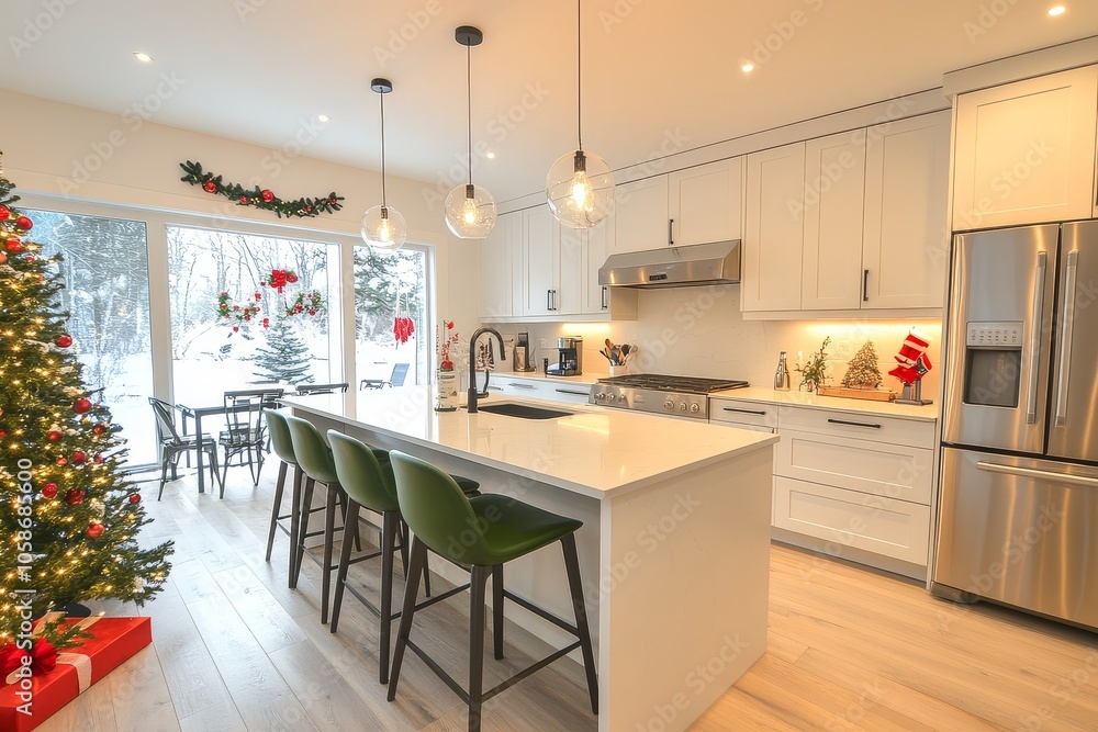 Modern Kitchen with Christmas Tree, White Cabinets, Green Barstools, and Festive Decorations Modern Kitchen with Christmas Tree, White Cabinets, Green Barstools, and Festive Decorations