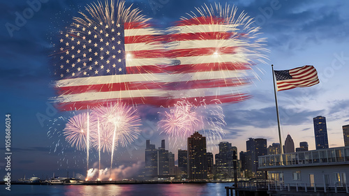 Illustration modern fireworks on the celebration USA independence day with USA flag on the midnight background.