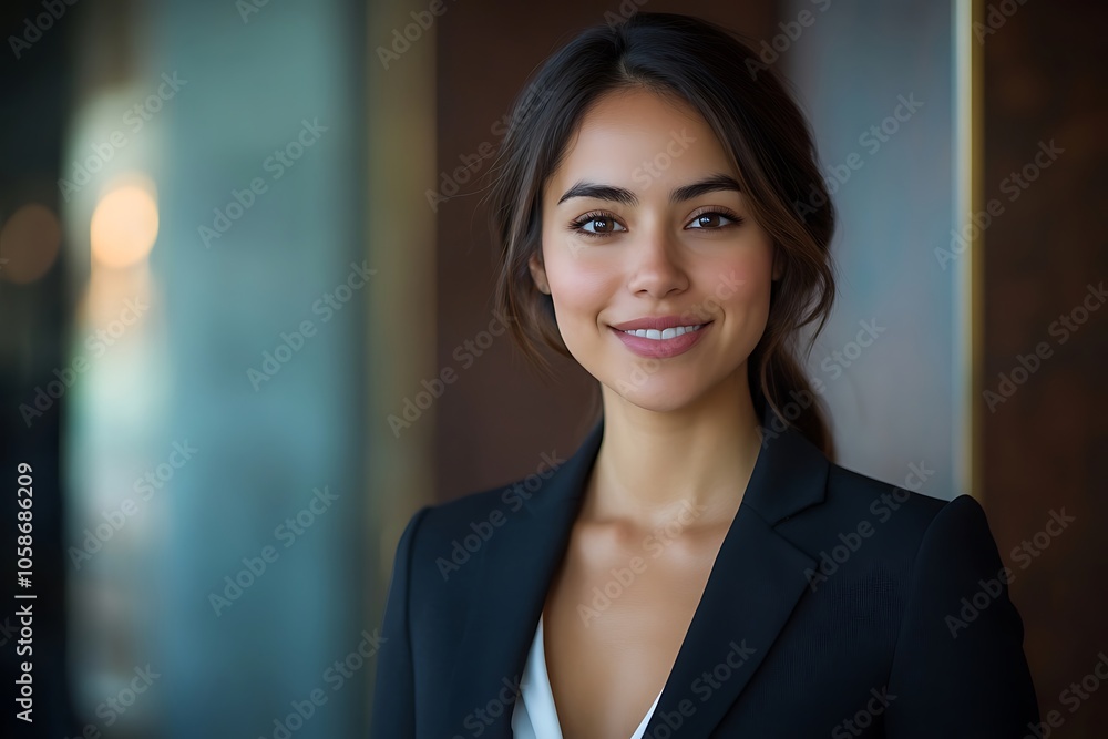 Confident Businesswoman in Black Blazer Smiling in Office Setting Confident Businesswoman in Black Blazer Smiling in Office Setting
