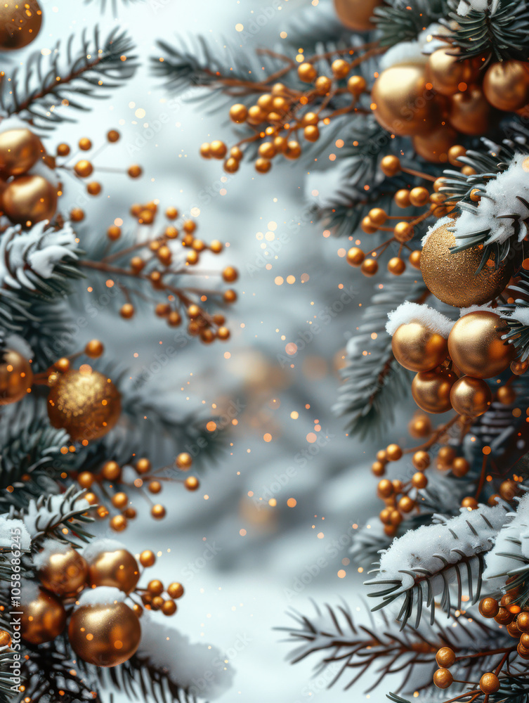 Festive Winter Wonderland with Berry and Pine Accents Background, Card or Backdrop