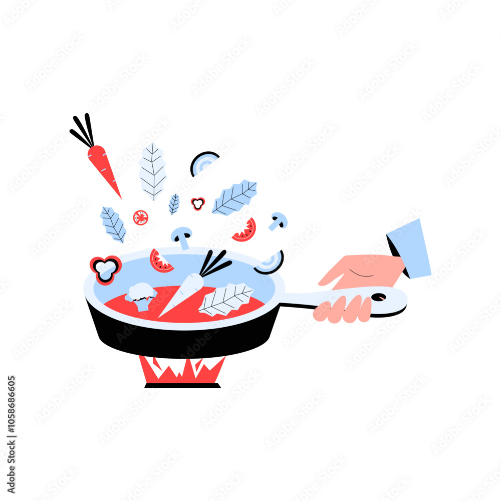 Hand Holding Pan With Floating Vegetables In Flat Vector Illustration Symbolizing Cooking, Food Preparation, And Culinary Arts, Isolated On White Background Hand Holding Pan With Floating Vegetables In Flat Vector Illustration Symbolizing Cooking, Food Preparation, And Culinary Arts, Isolated On White Background