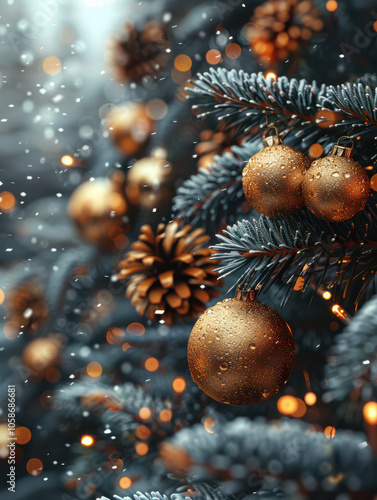 Obraz na płótnie Festive Winter Wonderland with Berry and Pine Accents Background, Card or Backdrop w salonie