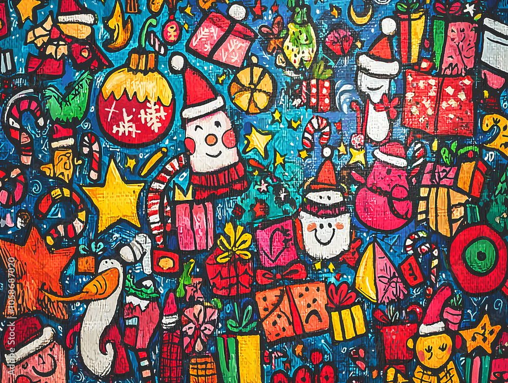 Christmas doodle, full canvas, funny, happiness and colorfull Christmas doodle, full canvas, funny, happiness and colorfull