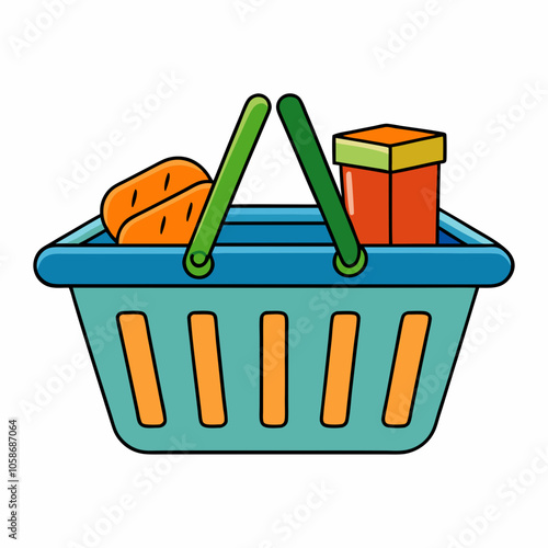 Grocery shopping cart on white. Full supermarket food basket vector illustration, shop cart with groceries goods isolated clipart