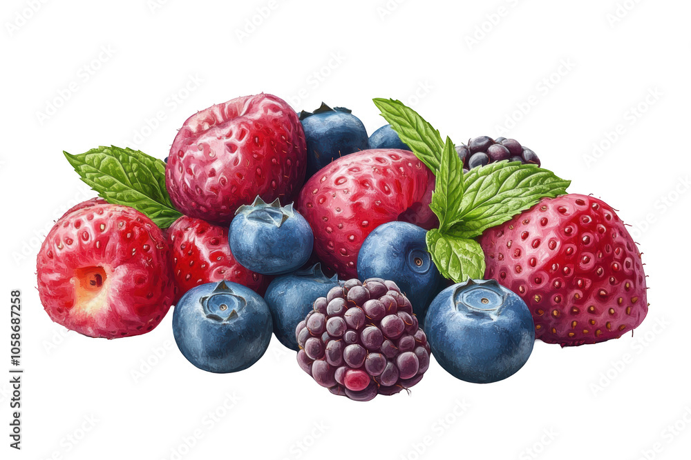 Fresh fruit salad with mixed berries and mint leaves, PNG isolated on transparent background, white background. Fresh fruit salad with mixed berries and mint leaves, PNG isolated on transparent background, white background.